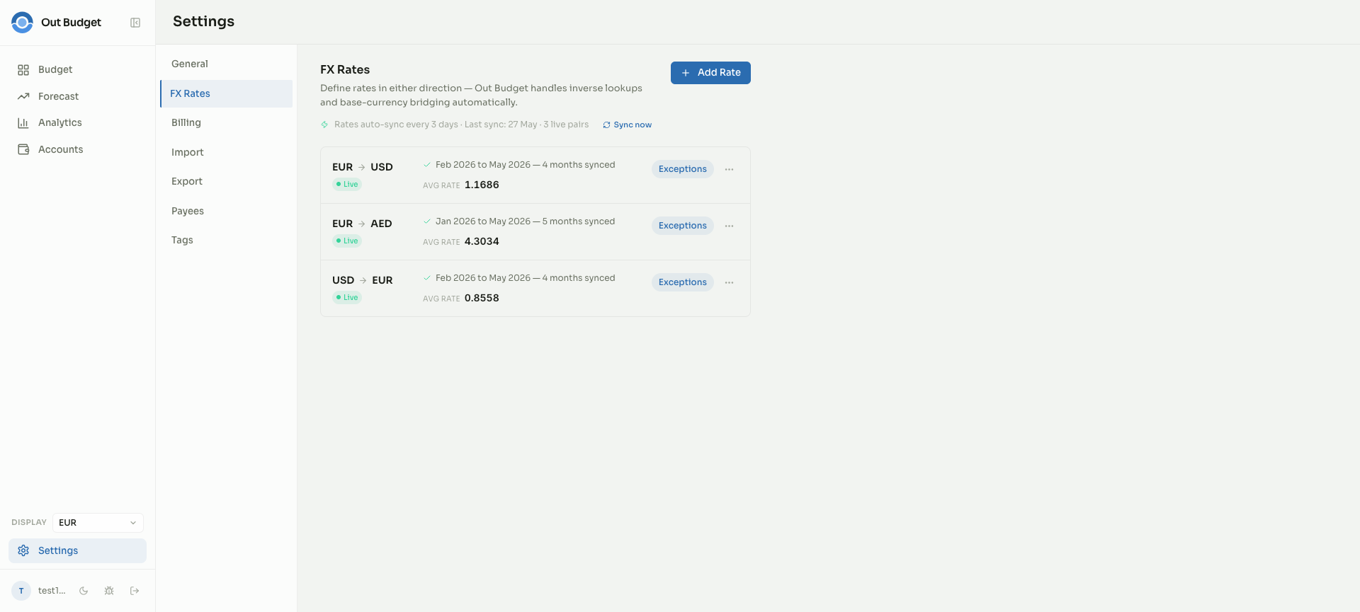 Accounts list with mixed currencies — checking in EUR, savings in USD, brokerage in GBP.